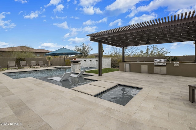 view of patio / terrace with a fenced backyard, a fenced in pool, exterior kitchen, and a pergola