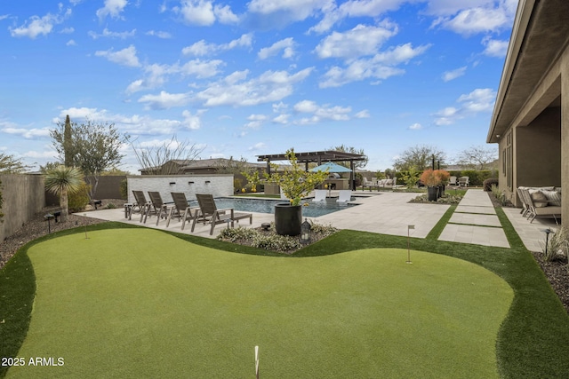 surrounding community featuring a fenced backyard, a patio, a pool, and a pergola