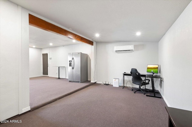 carpeted office with beam ceiling and a wall mounted air conditioner