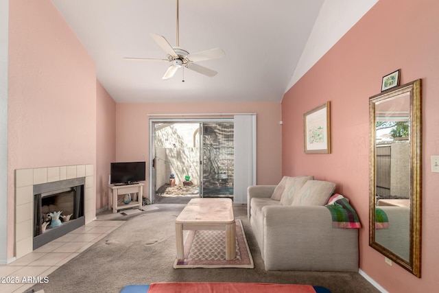 1111 W Summit Pl Unit 85, Chandler, AZ 85224 - living room featuring vaulted ceiling, a ceiling fan, carpet floors, and a wealth of natural light