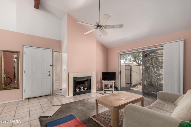 1111 W Summit Pl Unit 85, Chandler, AZ 85224 - living room with a tile fireplace, tile patterned floors, baseboards, high vaulted ceiling, and ceiling fan