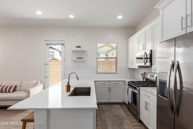 4077 S Quinn Ave, Gilbert, AZ 85297 - kitchen with open shelves, appliances with stainless steel finishes, a sink, light countertops, and dark wood-style floors