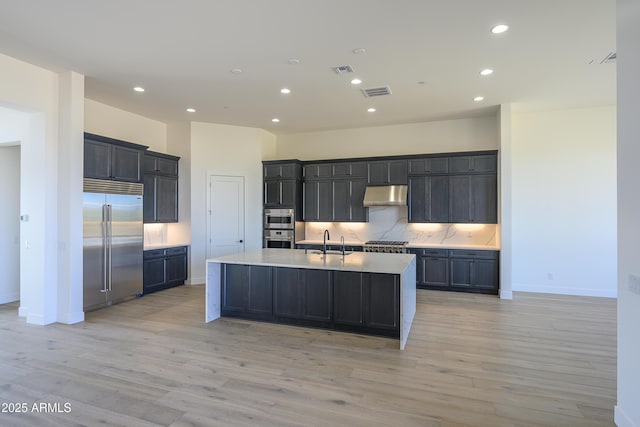 13290 E Ln Junta Rd, Scottsdale, AZ 85255 - kitchen featuring appliances with stainless steel finishes, under cabinet range hood, a sink, light countertops, and light wood-type flooring