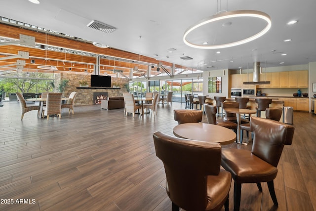 lobby with brick wall and recessed lighting