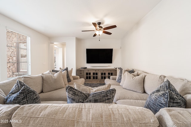 living room with a ceiling fan