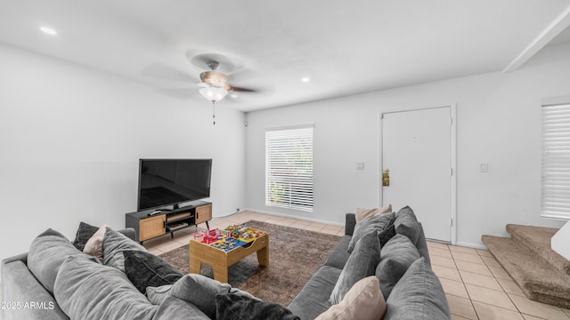 10420 N 10th St Unit 2, Phoenix, AZ 85020 - living room featuring light tile patterned floors, ceiling fan, recessed lighting, baseboards, and stairway