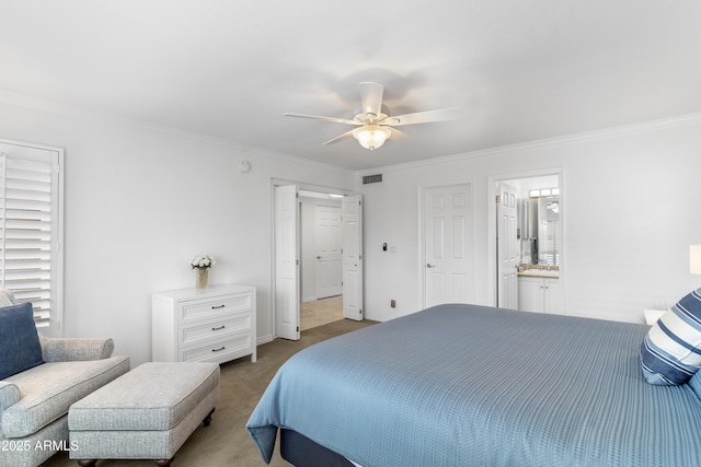 bedroom featuring ceiling fan, visible vents, ornamental molding, and carpet flooring