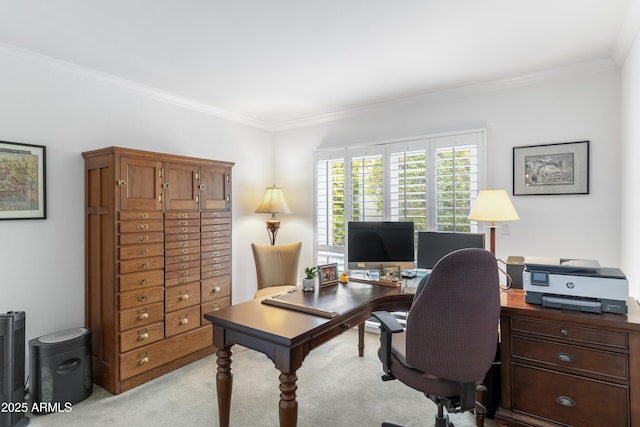 home office featuring light carpet and crown molding