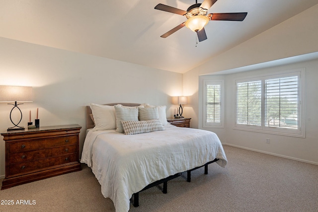 1125 S Larkspur St, Gilbert, AZ 85296 - bedroom featuring carpet flooring, vaulted ceiling, baseboards, and ceiling fan