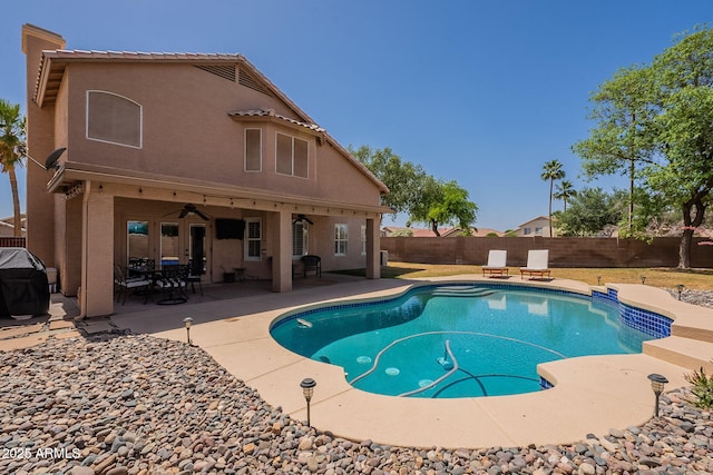 1125 S Larkspur St, Gilbert, AZ 85296 - view of pool featuring a fenced backyard, a patio area, and ceiling fan