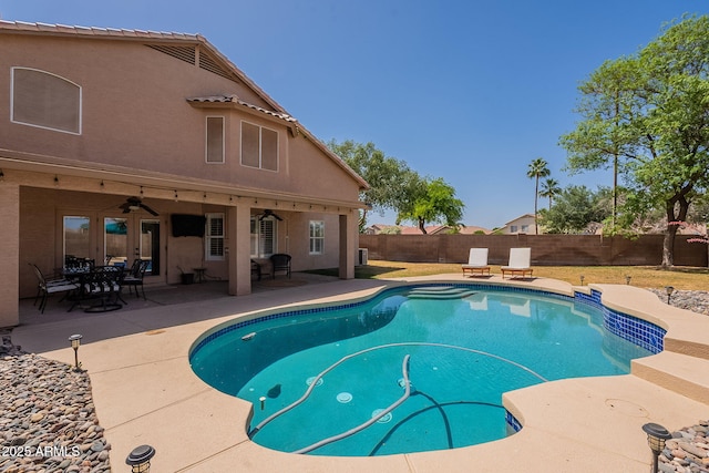 1125 S Larkspur St, Gilbert, AZ 85296 - view of swimming pool with a fenced backyard, a patio, and a ceiling fan