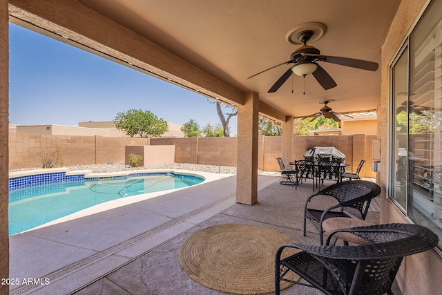 1125 S Larkspur St, Gilbert, AZ 85296 - view of pool with a fenced backyard, a ceiling fan, a patio area, a grill, and outdoor dining area