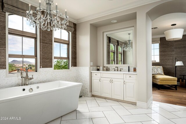 full bathroom featuring toilet, vanity, shower / tub combo with curtain, and crown molding