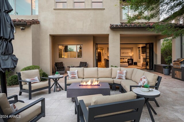 view of yard featuring a mountain view, a pool, and a patio