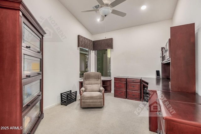 living area featuring ceiling fan, carpet, baseboards, and recessed lighting