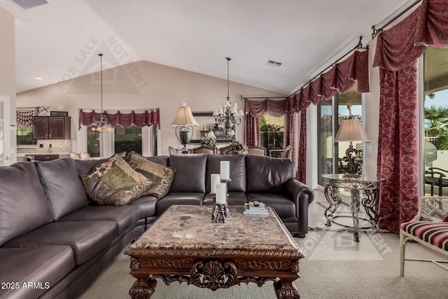 carpeted living area featuring vaulted ceiling, visible vents, and a notable chandelier