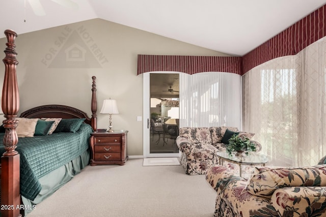 carpeted bedroom with lofted ceiling, ceiling fan, and access to exterior