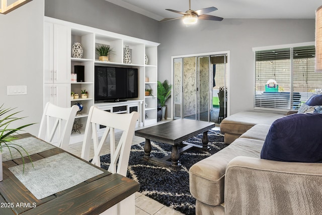4704 E Melinda Ln, Phoenix, AZ 85050 - living area featuring ceiling fan, lofted ceiling, and light tile patterned floors