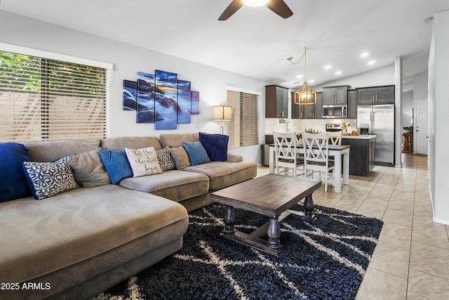 4704 E Melinda Ln, Phoenix, AZ 85050 - living room featuring a ceiling fan, lofted ceiling, and recessed lighting