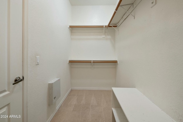 walk in closet with light colored carpet