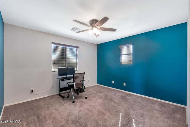 office with carpet and ceiling fan