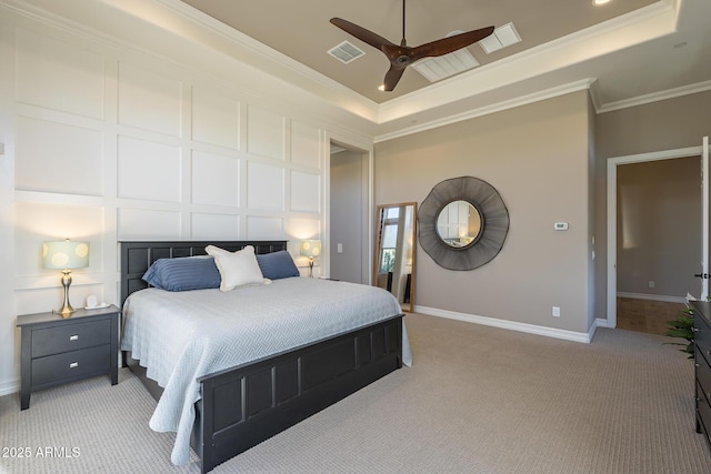 8768 E Granite Pass Rd, Scottsdale, AZ 85266 - bedroom featuring light colored carpet, visible vents, a decorative wall, and a raised ceiling