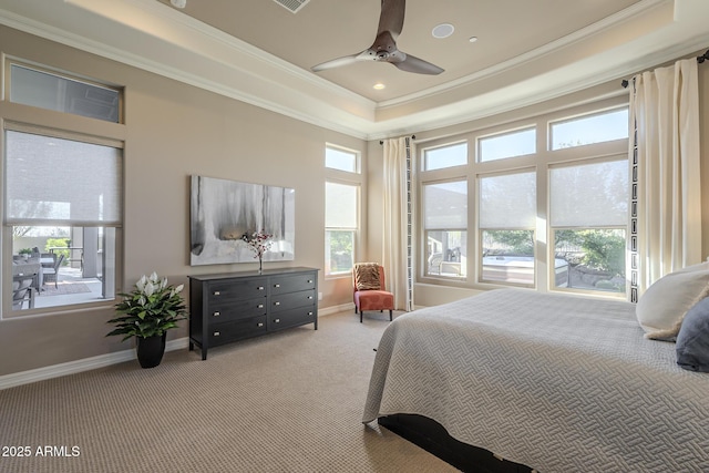 8768 E Granite Pass Rd, Scottsdale, AZ 85266 - carpeted bedroom featuring baseboards, a tray ceiling, a ceiling fan, and crown molding