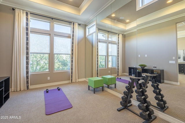 8768 E Granite Pass Rd, Scottsdale, AZ 85266 - exercise area featuring carpet, baseboards, ornamental molding, recessed lighting, and a tray ceiling