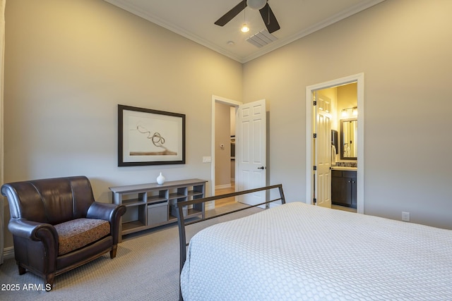 8768 E Granite Pass Rd, Scottsdale, AZ 85266 - bedroom with ensuite bathroom, crown molding, ceiling fan, and carpet