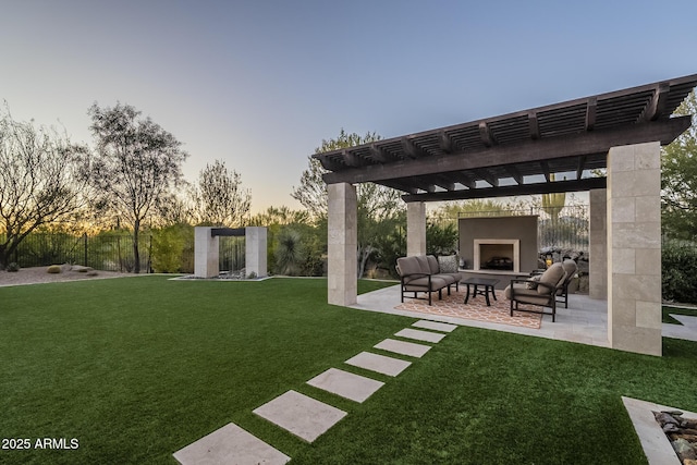 8768 E Granite Pass Rd, Scottsdale, AZ 85266 - view of yard featuring a patio, an outdoor living space with a fireplace, fence, and a pergola