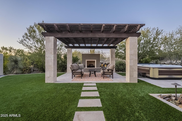 8768 E Granite Pass Rd, Scottsdale, AZ 85266 - view of patio / terrace with exterior fireplace, a pergola, and a hot tub