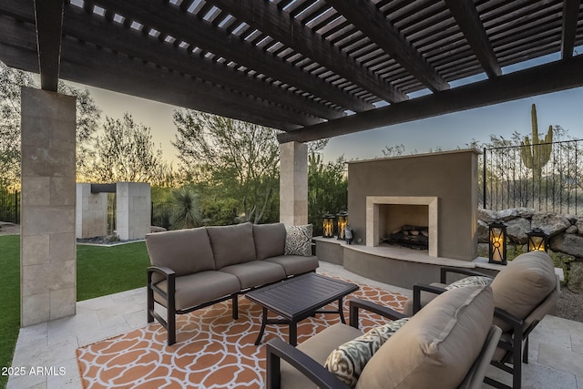 8768 E Granite Pass Rd, Scottsdale, AZ 85266 - view of patio featuring an outdoor living space with a fireplace, a pergola, and fence