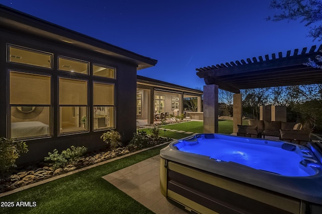8768 E Granite Pass Rd, Scottsdale, AZ 85266 - patio at twilight featuring an outdoor hot tub and a pergola