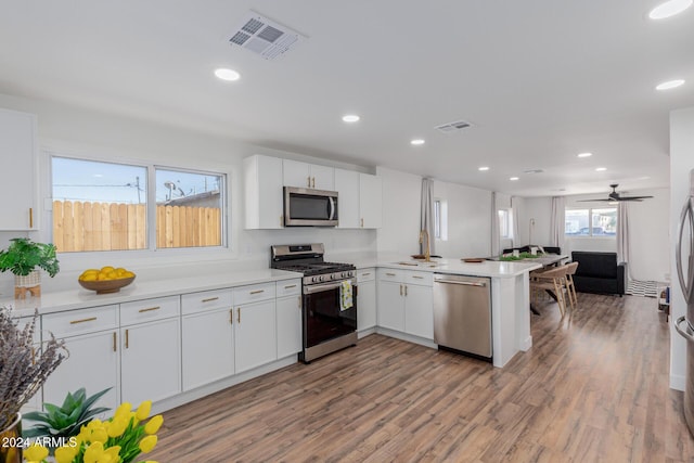 kitchen with kitchen peninsula, stainless steel appliances, ceiling fan, wood-type flooring, and white cabinetry