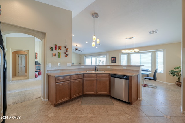 kitchen featuring dishwasher, ceiling fan with notable chandelier, plenty of natural light, and sink