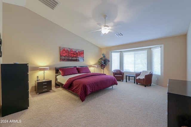 bedroom featuring carpet flooring, ceiling fan, and lofted ceiling