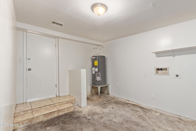 interior space with electric dryer hookup, hookup for a washing machine, water heater, and visible vents