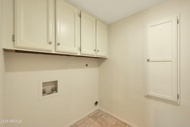 laundry room featuring hookup for a washing machine, cabinets, light tile patterned floors, and hookup for an electric dryer