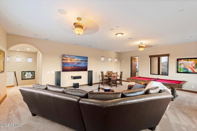 living room featuring light carpet and pool table