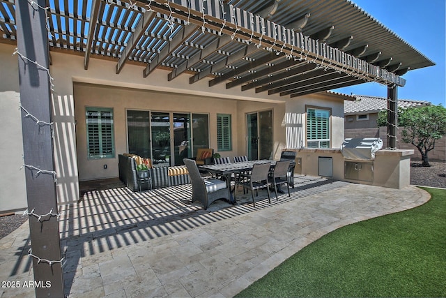 895 E Clovefield St, Gilbert, AZ 85298 - view of patio / terrace with grilling area, an outdoor kitchen, a pergola, and outdoor dining area