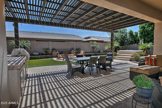 895 E Clovefield St, Gilbert, AZ 85298 - view of patio featuring a pergola, a hot tub, area for grilling, a fenced backyard, and outdoor dining space
