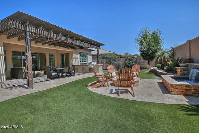 895 E Clovefield St, Gilbert, AZ 85298 - view of yard with a fenced backyard, a pergola, a fire pit, and a patio area