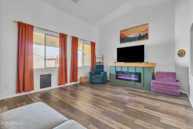 living room featuring hardwood / wood-style flooring and vaulted ceiling