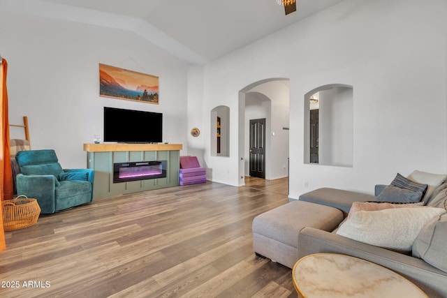 living room with vaulted ceiling and wood-type flooring