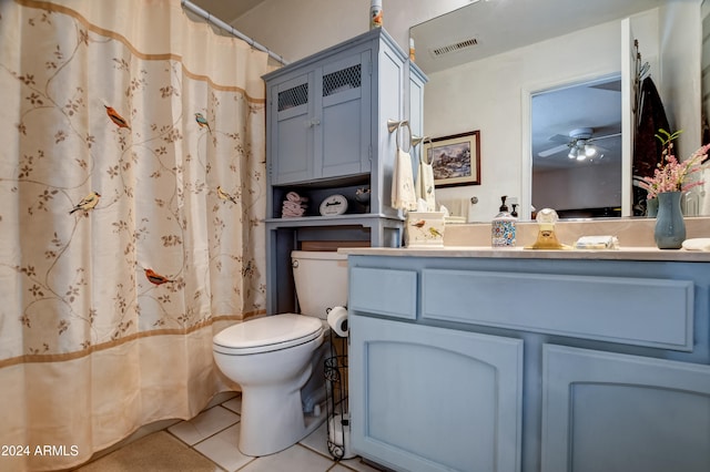 bathroom featuring ceiling fan, walk in shower, tile patterned flooring, toilet, and vanity