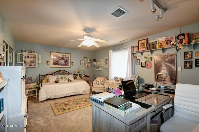 carpeted bedroom featuring ceiling fan