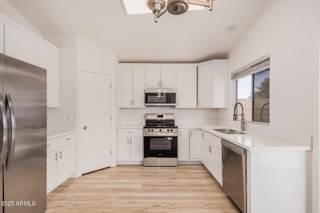 kitchen featuring appliances with stainless steel finishes, a sink, light countertops, white cabinets, and light wood-style floors