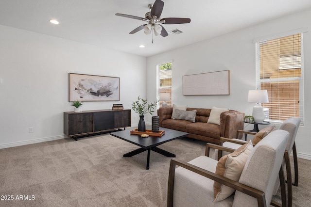 7616 S Sorrell Ln, Gilbert, AZ 85298 - living area with light colored carpet, ceiling fan, and recessed lighting