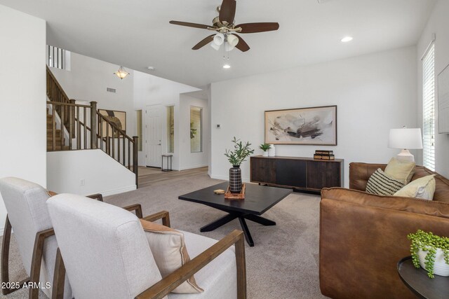 7616 S Sorrell Ln, Gilbert, AZ 85298 - living area featuring carpet, stairway, a ceiling fan, and recessed lighting