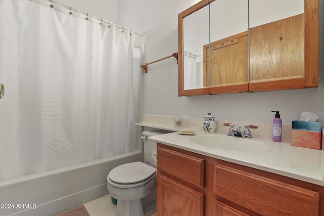 full bathroom featuring vanity, shower / bath combination with curtain, and toilet